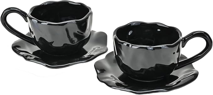 MyBudsBuzz Ceramic Espresso Cups with Saucers 6 oz,Coffe Cups for Cappuccino,Latte,Tea with Saucers Set of 2 - Flods - Black