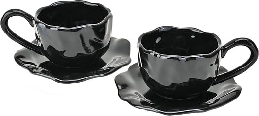 MyBudsBuzz Ceramic Espresso Cups with Saucers 6 oz,Coffe Cups for Cappuccino,Latte,Tea with Saucers Set of 2 - Flods - Black