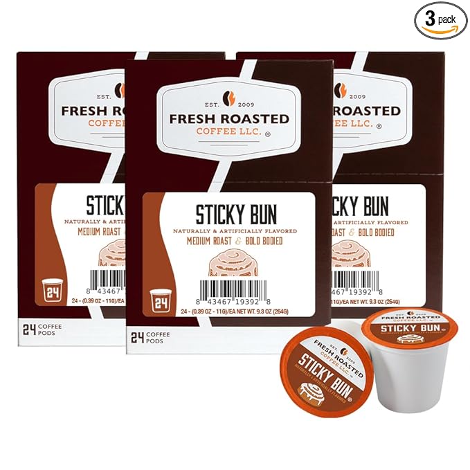Fresh Roasted Coffee, Sticky Bun, Flavored Coffee Pods, 72 Count