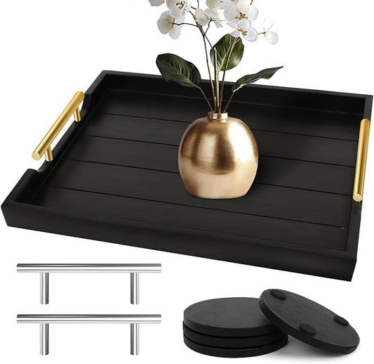 Coffee Table Trays - Large Ottoman Tray for Living Room -Wood Serving Tray with 2 Sets of Handles - Wooden Tray for Coffee Table, 4 Round Coasters Included, Black