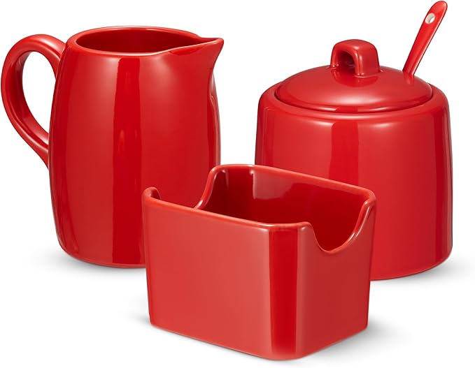 KooK Sugar and Creamer Set, 3 Piece, Pitcher, Sugar Bowl with Lid and Spoon, Sweetener Holder (Red)