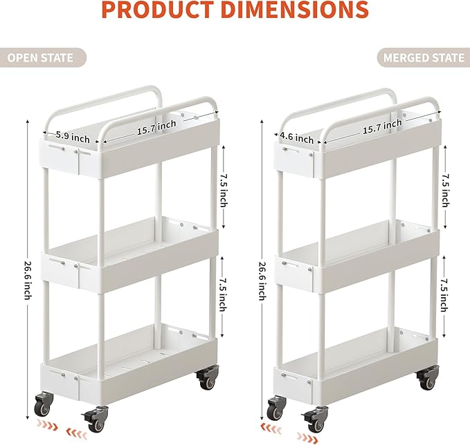 HOTEAGLE 3-Tier Rolling Cart Metal Expandable Utility Carts with Wheels, Ideal Storage Organizer for Livingroom, Bedroom, Kitchen and Bathroom, White