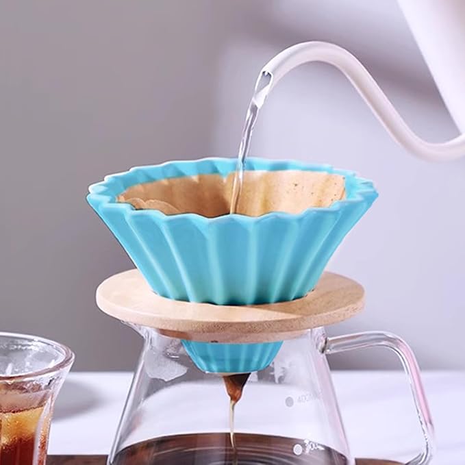 Ceramic Coffee Dripper with Wood Cup Stand Pour Over Coffee Maker Elegant Flower-shape V60 Strainer for 1-2 Cups Slow Brewing Accessories for Home Coffee Shops Restaurants Blue