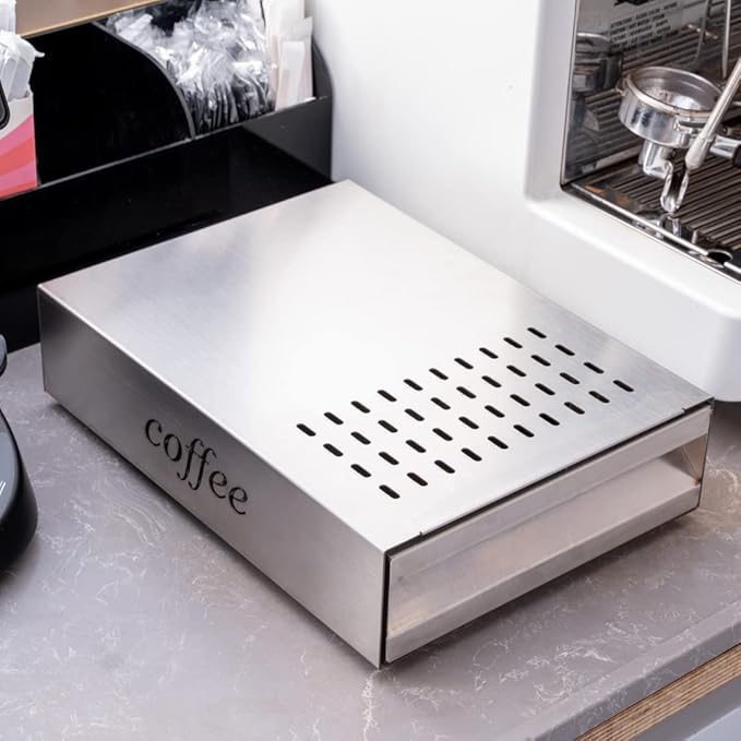 Restaurantware Restpresso 13.5 x 9.75 x 3.75 Inch Espresso Knock Box 1 Vented Coffee Knock Box - Detachable Drawer Silicone Knock Bar Silver Stainless Steel Coffee Grounds Knock Box Durable