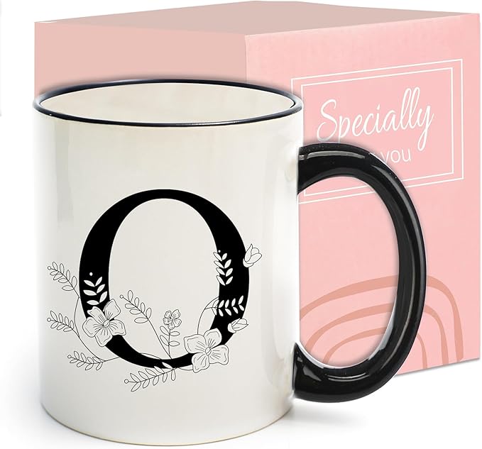 Monogram Ceramic Coffee Mugs, 11 oz Initial Drinking Cup with Gift Box, Unique Birthday Valentines Day Gifts for Women Wife Mothers Day Grandma Mom Aunt, O