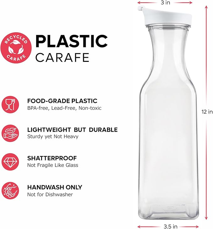 GUSTO [50 oz - 2 Pack] Plastic Carafe with Lid, Large Capacity Square Base - Clear Pitcher with Flip Top Lid, Easy-Pour Spout Juice Containers with Lids, Hand Wash Only - Perfect for Mimosa Bar