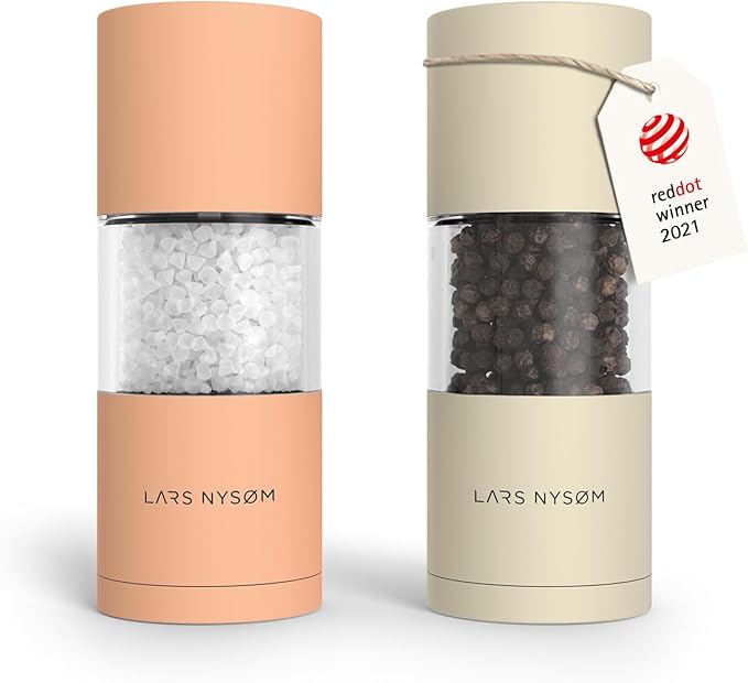 LARS NYSØM Salt and Pepper Grinder Set, Manual Salt and Pepper Mills with Adjustable Ceramic Grinder, Design Spice Shaker Set (Peach/Beige)