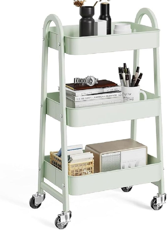 OLIXIS 3 Tier Utility Rolling Cart with Lockable Caster Wheels, Metal Mobile Storage Shelf, Organization for Livingroom, Bathroom & Narrow Places, Pale Green