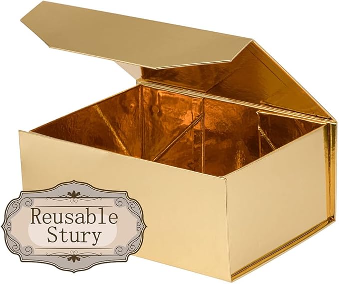 10 Small Gold Gift Boxes 9.5x7x4 Inches, Magnetic Gift Box with Lid for Gift Packaging, Wholesale gift boxes for Presents, Bridesmaid Proposal Boxes (Glossy Gold, 10pcs/pack)