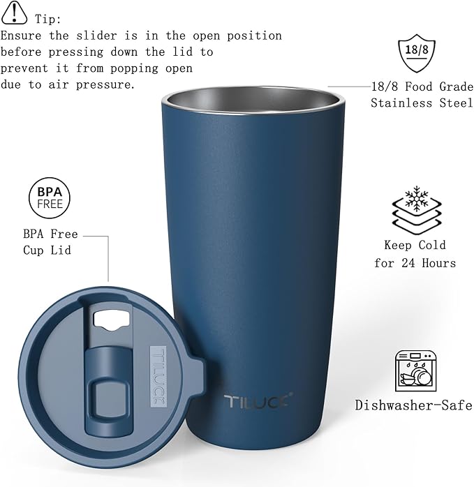 TILUCK 20 oz Tumbler with Lid, Vacuum Insulated Stainless Steel Coffee Mug, Double-Walled Travel Tumbler for Hot and Cold Drinks(DarkBlue, 20oz)