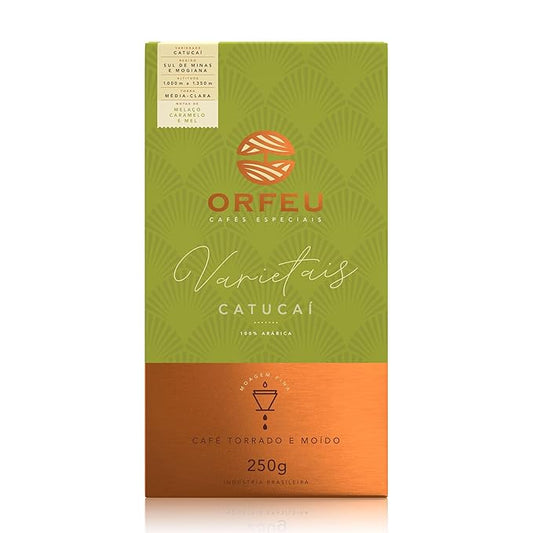 Catucaí Roasted and Ground Coffee 8.8 oz – Notes of Molasses, Caramel and Honey – Natural Sweetness, Balanced Profile and Medium-Light Roast – Café Orfeu