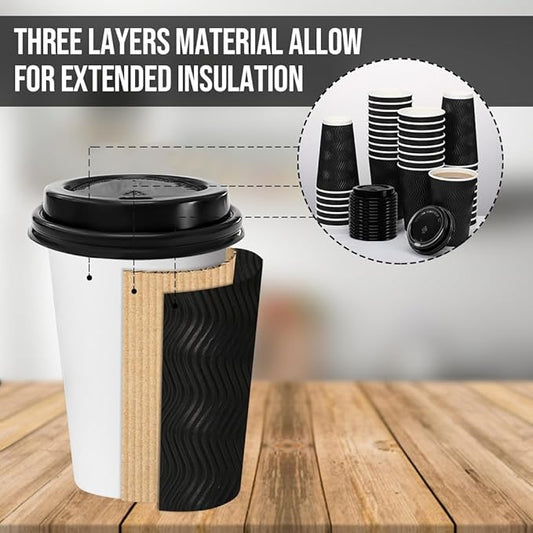 BYSNOW 16 oz Coffee Cups with Lids, 500 Pack Disposable Coffee Cups Insulated Ripple Paper Cups for Water, Juice, Espresso (Black 16 oz)