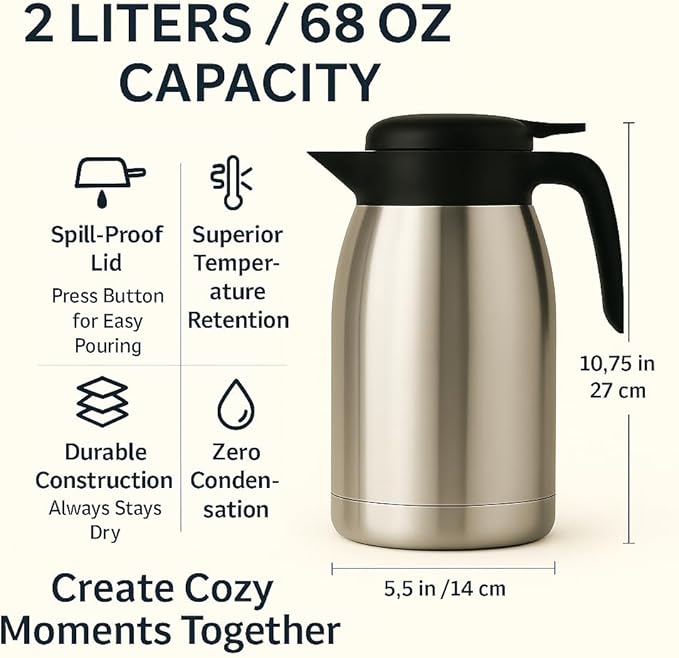 Heritage66 Thermal Coffee Carafe with Cleaning Brush – 68 oz (2 L) Vacuum Insulated Stainless Steel Beverage Dispenser, Keeps Drinks Hot 12 H/Cold 24 H, Ideal for Home, Office & Parties