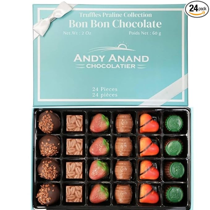Andy Anand Chocolatier 24 Piece Premium Bon Bon Chocolate Collection Assortment, Truffles Gift Box – Exotic flavors, Pistachio Cream, Mint, Tiramisu and More