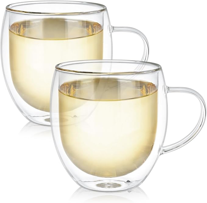 Teabloom Oversized Insulated Borosilicate Glass Mugs (17 oz / 500 ml) – Set Includes 2 Mugs + 2 Blooming Teas – Premium Quality Microwave Safe Glasses