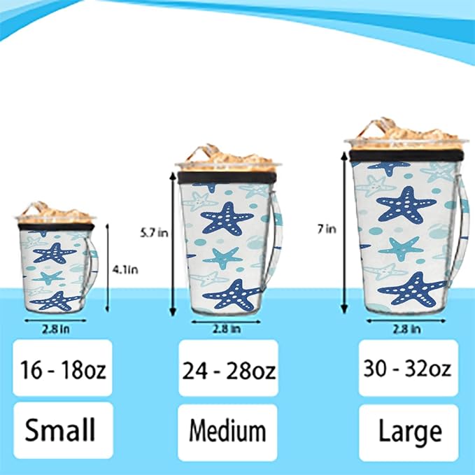 Blue Starfish Reusable Coffee Sleeves Iced Coffee Cozy Insulator, Summer Neoprene Holder with Handle for Cold Coffee or Ice Drink, Small 16-18oz