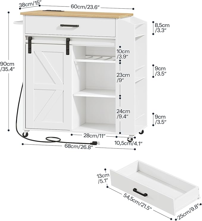 HOOBRO Kitchen Island on Wheels, Rolling Island Cart with Power Outlet, Kitchen Storage Table with Sliding Barn Doors, 1 Drawer and Spice Rack, for Home, Dining Room, White WN60UZD01