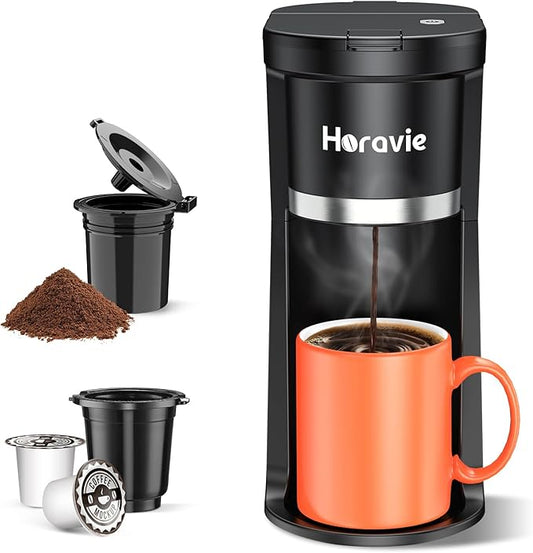 Small Single Serve Coffee Maker, Fast Brew One Cup Coffee Machine for K Cup and Grounds, 6 to 12 oz. Brew Sizes, Capsule Coffee Machine with Descaling Reminder and Viewing Tank, Black