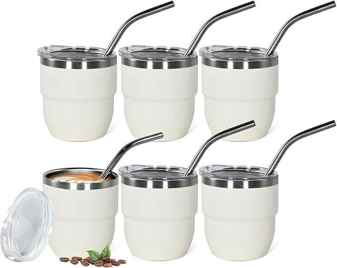 4oz Stackable Cup, Vacuum Insulated Espresso Cup Set of 6, Espresso Shot Glass for Coffee, Double Wall Stainless Steel Mini Tumbler Shot Glasses with Straw and Lid