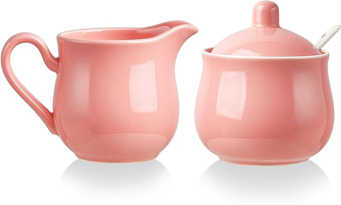 12 OZ Ceramic Sugar and Creamer Set, Coffee Serving Set, 3 Piece Cream Pitcher Sugar Bowl with Lid and Spoon (Pink)