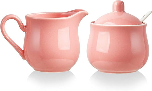 12 OZ Ceramic Sugar and Creamer Set, Coffee Serving Set, 3 Piece Cream Pitcher Sugar Bowl with Lid and Spoon (Pink)