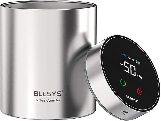 Smart Vacuum Coffee Canister, Automatic Stainless Steel Food Storage Container, LCD Monitoring, One-touch Freshness, Date Tracker, Extra-long Standby Time, holds 16oz Coffee Beans (Silver, 1.3L)