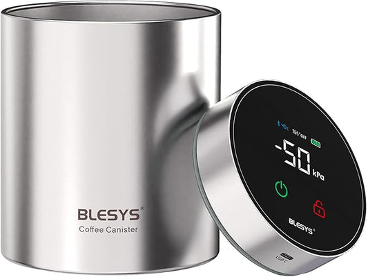 Smart Vacuum Coffee Canister, Automatic Stainless Steel Food Storage Container, LCD Monitoring, One-touch Freshness, Date Tracker, Extra-long Standby Time, holds 16oz Coffee Beans (Silver, 1.3L)
