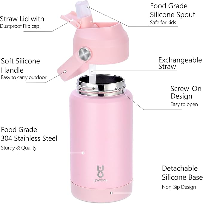 Kids Water Bottle for School 12 oz,Stainless Steel Insulated Water Bottles,Pink Water Bottles for Toddler Girls Boys with Straw Lids & Handle