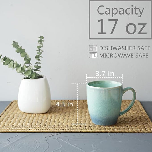 Bosmarlin Ceramic Coffee Mug Set of 4, 17 Oz, Coffee Cups with Big Handle, Microwave Safe, Unique Reactive Glaze (Pale Green, 17 Oz)