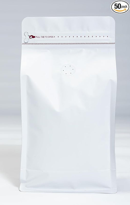 Premium Coffee Bags with Valve (100 pcs, 16 oz) Standing Coffee Beans Storage Bags, Reusable Heat Sealable Side Zipper Pouches, Eco-Friendly Packaging, Perfect for Home and Office - White