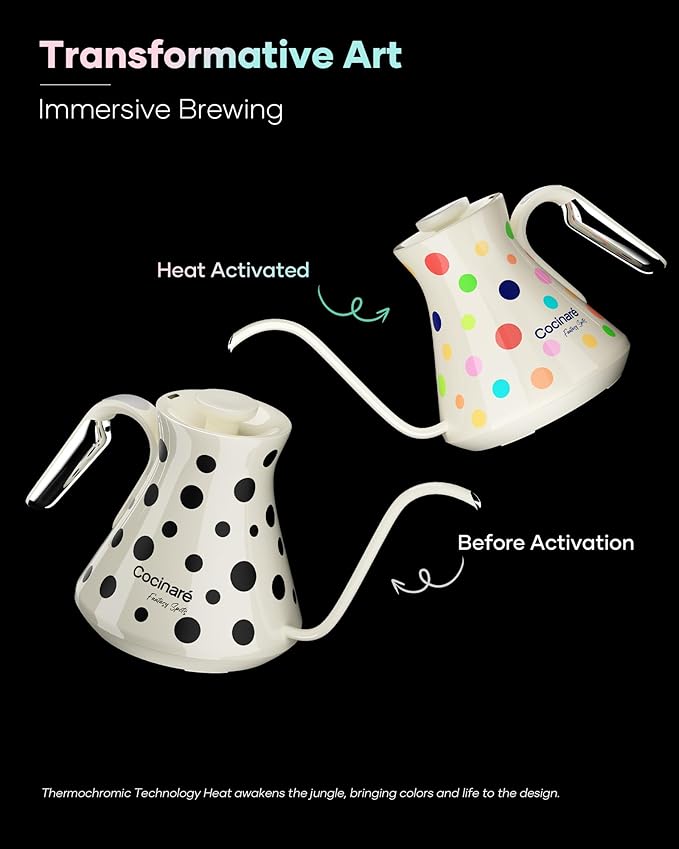 Cocinare Color-changing Collection Polka Gooseneck Electric Kettle, ±0.5℉ Precise Temperature Control for Pour-Over Coffee & Tea, Quick Heating 1500W, Stainless Steel Interior, 0.9L