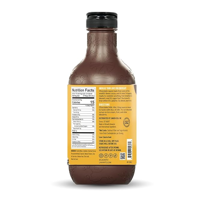 Lakanto Sugar Free Chocolate Sauce - Monk Fruit Sweetener with Erythritol, Perfect for Ice Cream, Coffee, Baking, Pancakes, Gluten Free Dessert Topping, Low Carb, Vegan, Keto Friendly (16 Fl oz)