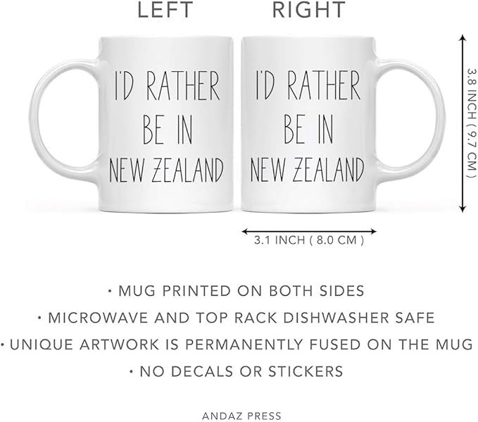 Andaz Press World Country Adventure 11oz. Coffee Mug Gift, I'D Rather Be In New Zealand, 1-Pack, Summer Vacation Long Distance College Going Away Study Abroad Birthday Christmas New Zealand Mug