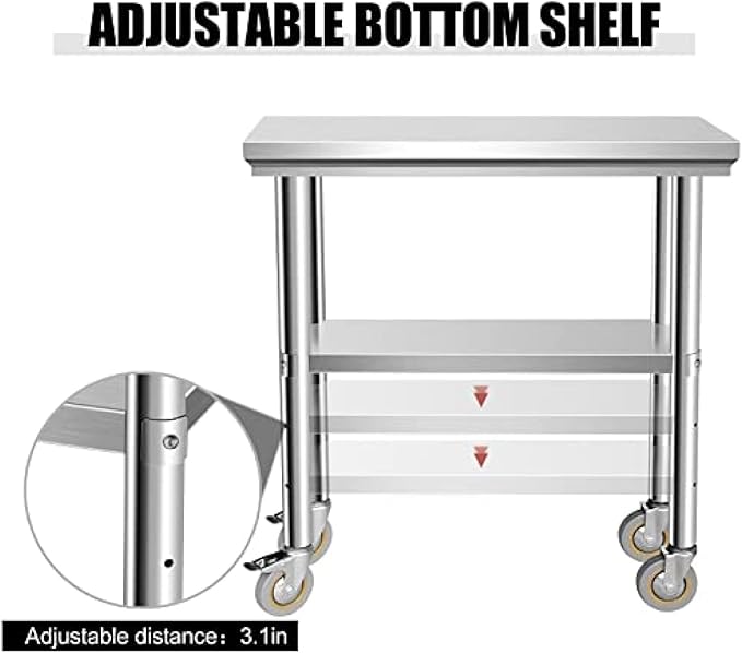 Stainless Steel Table - Metal Table Cart - Commercial Workbench with Caster Wheel - NSF Certified - for Restaurant, Warehouse, Home, Kitchen, Garage,30''x12''