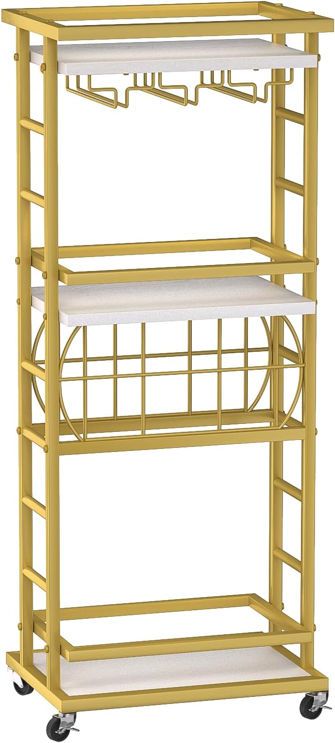 4 Tier Bar Cart with Wheels, Home Bar Serving Cart, Rolling Mini Wine Cart with Wine Rack and Glass Holder, Drink Cart for Dining Room, Living Room, Kitchen, Bar and Outdoor, Gold