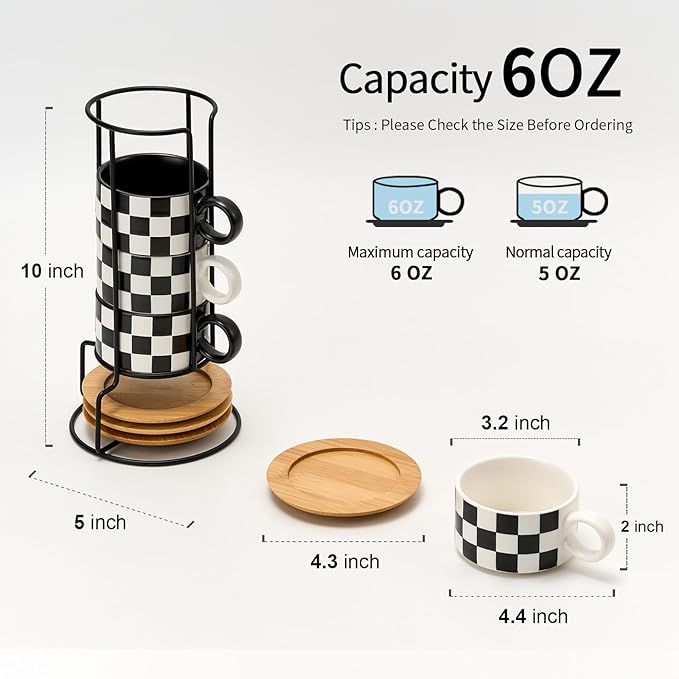 LUKA 6 Ounce Ceramic Stackable Black and White Checkered Espresso Cups with Saucers and Metal Stand Set of 4, Cappuccino Cups Set for Coffee Drinks, Latte, Cafe Mocha and Tea