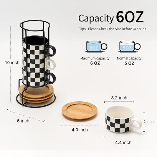 LUKA 6 Ounce Ceramic Stackable Black and White Checkered Espresso Cups with Saucers and Metal Stand Set of 4, Cappuccino Cups Set for Coffee Drinks, Latte, Cafe Mocha and Tea