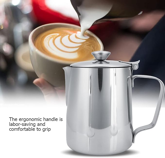 Coffee Frothing Pitcher With Lid, Stainless Steel Milk Frother Cup, Mutifunctional Milk Jug Cup, Coffee Steaming Pitcher With Handle , For Latte Art And Frothing Milk(350Ml)