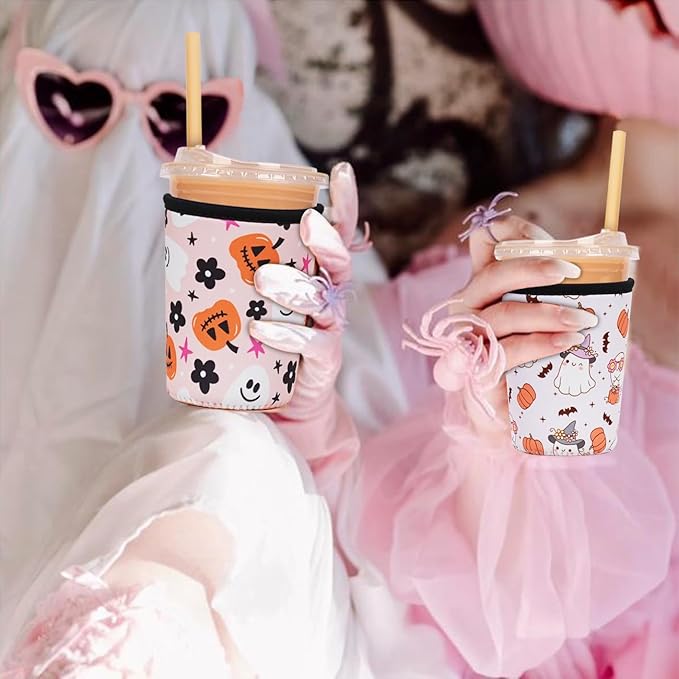 Reusable Insulated Neoprene Iced Coffee Cup Sleeve, Durable Drink Sleeve for Cold Beverages, Beverage Holder for Iced Coffee, Hello Pumpkin