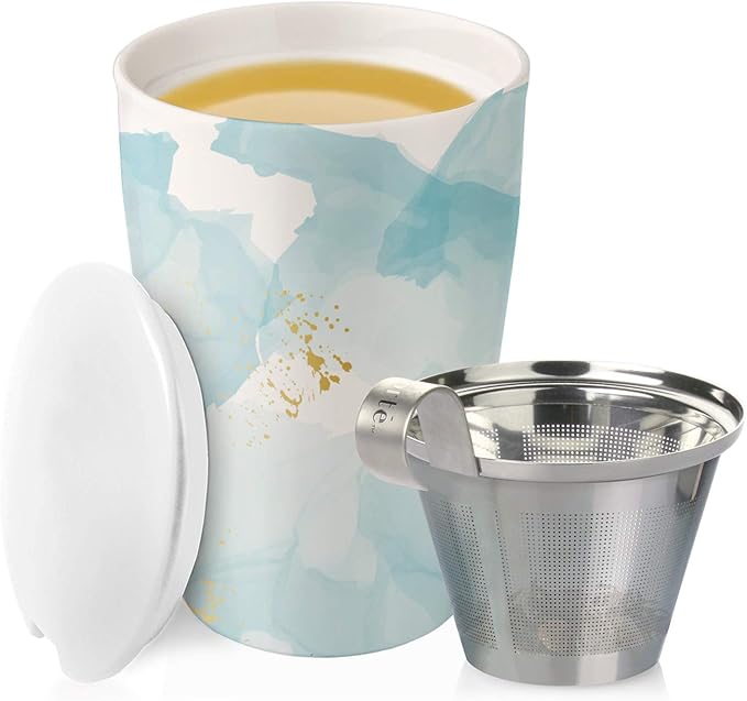 Tea Forte Double-Walled Ceramic Kati Cup, Removable Stainless Steel Infuser Basket and Lid, Steeps 12 oz Loose Leaf Tea, Dishwasher & Microwave Safe, Wellbeing