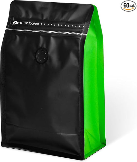 Coffee Bags with Valve(60pcs,8oz,0.5lb) Vented Coffee Beans Packaging Bags High Barrier Aluminumed Foil Flat Bottom Heat Sealed Side Zipper Resealable Storage Bag for Home or Business（Black+Green）
