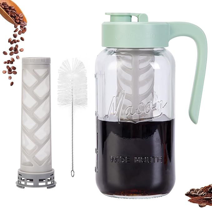 Spreccio Cold Brew Coffee Maker Glass, Airtight & Leakproof Mason Jar Pitcher with Cold Brew Filter, 64 oz Glass Pitcher with Lid for Iced Coffee, Lemonade, Ice Tea