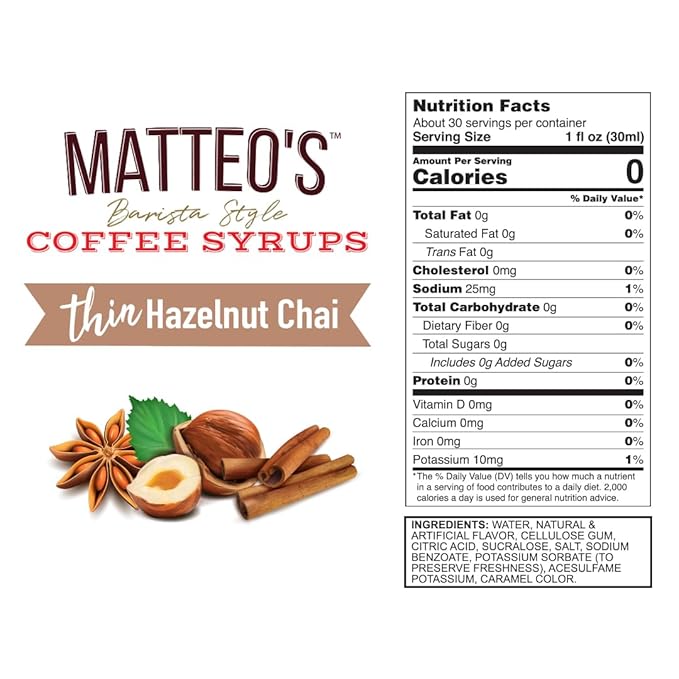 Matteo's Hazelnut Chai Syrup for Coffee, Lattes, Cappuccinos & Desserts – Sugar-Free Sweetener for Beverages, Keto Friendly, Zero Calories, Indulgent Flavor, Non-Alcoholic, 33.8oz (6pk)