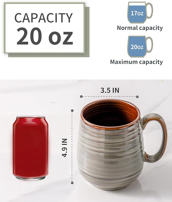 HASENSE Coffee Mug, 20 oz Large Ceramic Latte Cup with Big Handle, Pottery Tea Cup for for Office and Home, Oversized Mug Gift for Dad and Mom, Dishwasher & Microwave Safe, 1 PCS(Grey)
