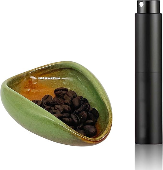Coffee Bean Dosing Cup with RDT Spray Bottle Set, Ceramic Single Dose Measuring Tray, Coffee Bar Accessories, Green, 25g Capacity