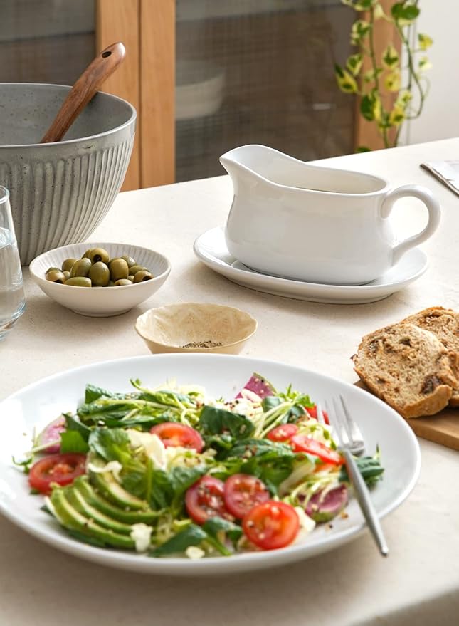 LE TAUCI 17oz Gravy Boat with Saucer Stand, Set of 1, Ceramic Sauce Boat with Tray for Salad Dressings, Creamer, Broth, Black Pepper, White