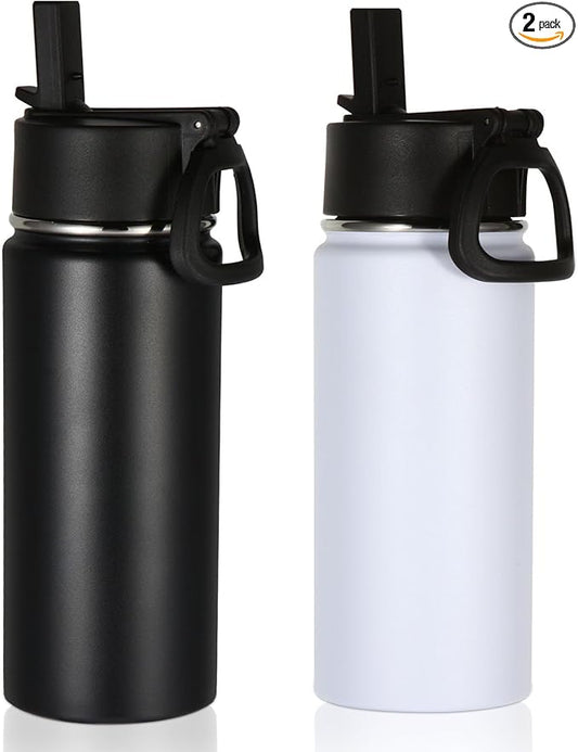 Volhoply 16 OZ Kids Water Bottle Bulk 2 Pack,Insulated Sports Bottles with Straw Lid,Stainless Steel Bottle with Handle Keep Cold & Hot,Double Wall Vacuum Tumbler Cups for School,Girls(Mix, 2)