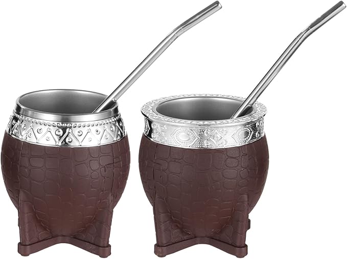 2PCS Yerba Mate Cup, 6 oz Stainless teel Mate Cup with Straw, Double Wall Vacuum Insulated Yerba Mate Gourd for Traditional Mate Tea Drinking (Brown)