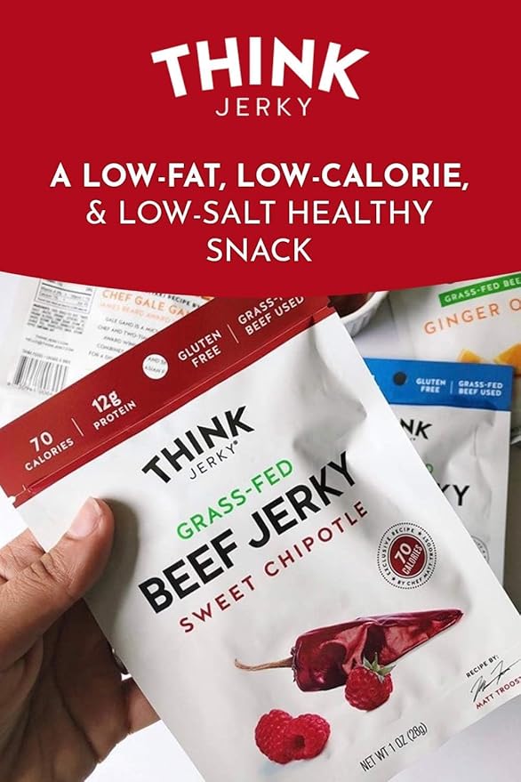 Think Jerky Sweet Chipotle Beef Jerky, Grass-Fed High Protein Beef Jerky, Gluten Free, No Antibiotics or Nitrates, Healthy Chef Crafted Recipe, Low Calorie and Low Fat - 2.2 oz Bags, 8 Pack