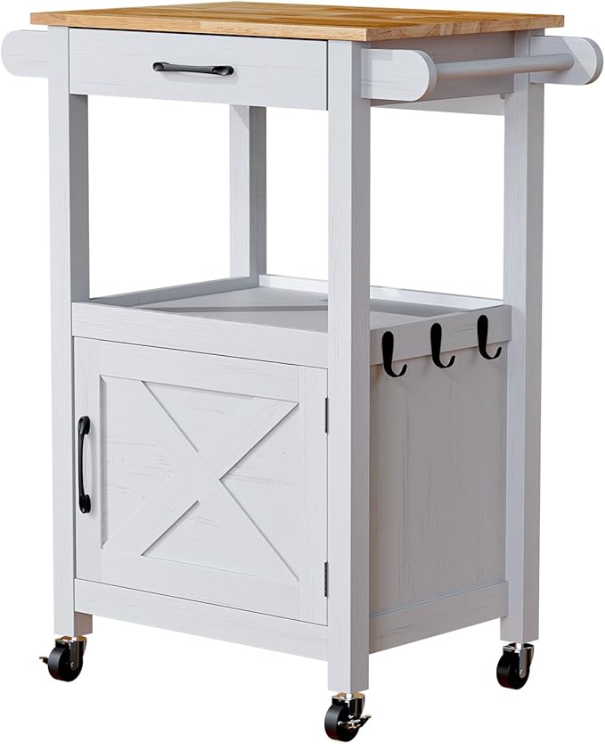 VINGLI Small Kitchen Island Cart on Wheels with Storage, Rolling Kitchen Island with 1 Drawer & 1 Shelf, Towel Rack & Cabinet, Kitchen Island Cart with Storage, White
